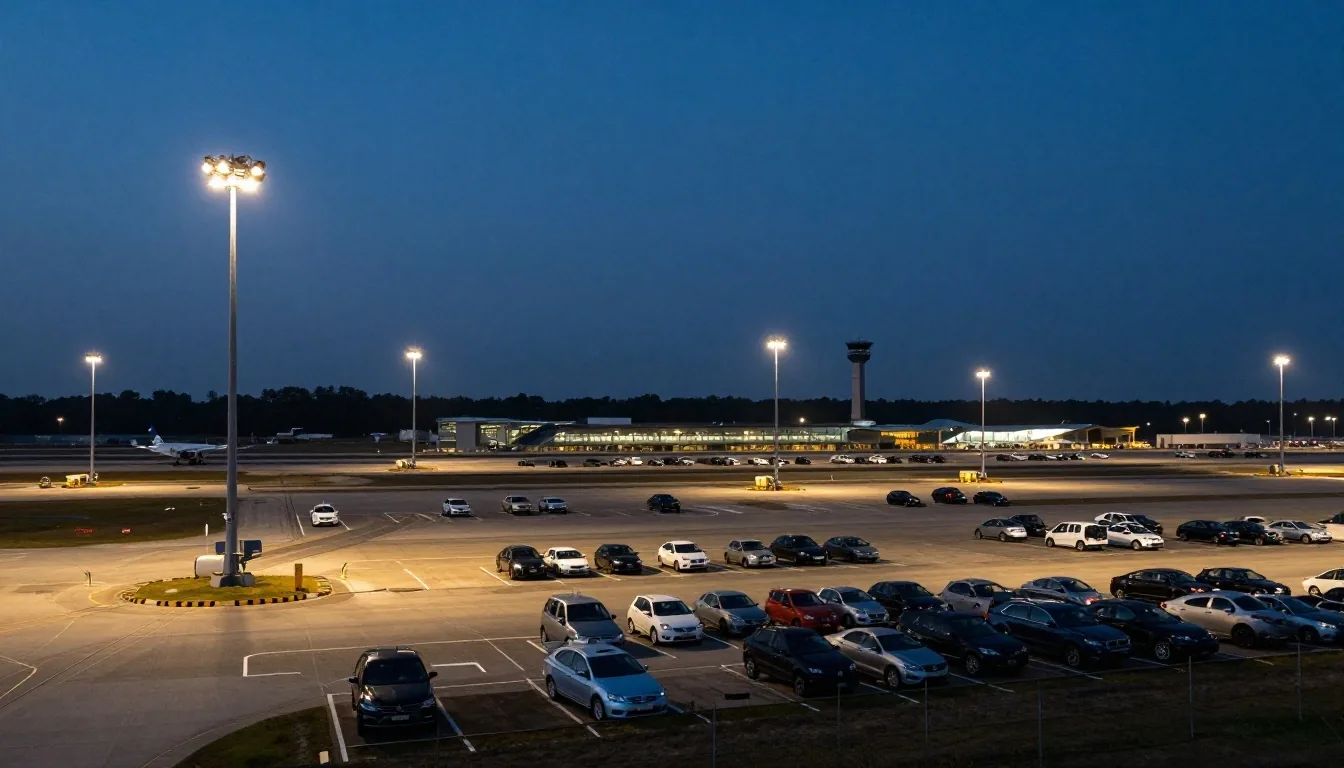 Melbourne Airport terminal access roads and parking structures at dusk