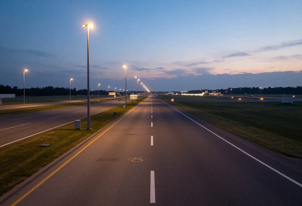 Melbourne Airport Arrivals Drive terminal approaches at dusk