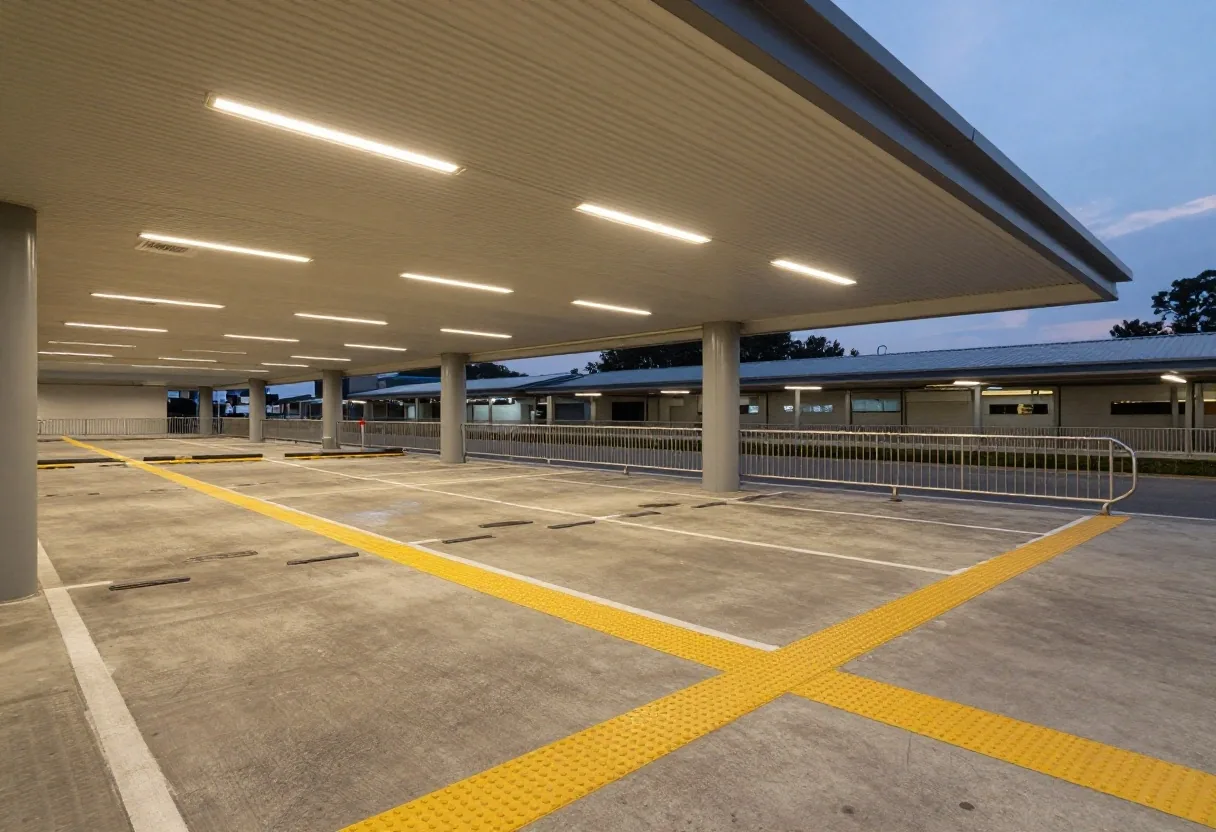 Melbourne Airport accessible shuttle bus at illuminated terminal station