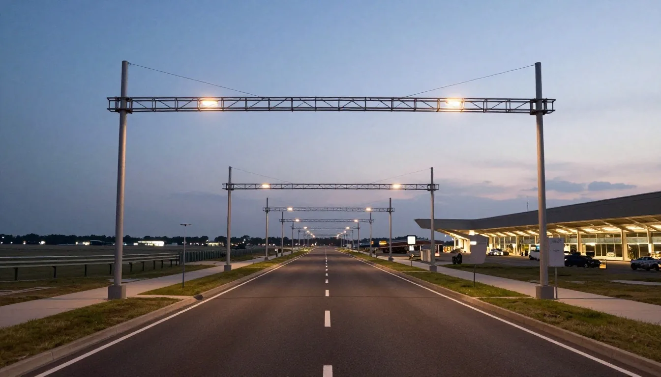 Melbourne Airport terminal road approaches at twilight