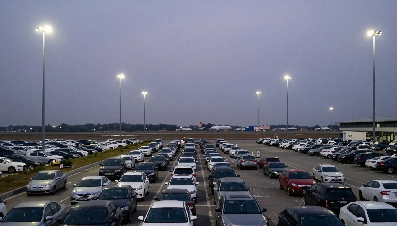 Melbourne Airport Value Car Park with continuous transfer shuttle at dusk
