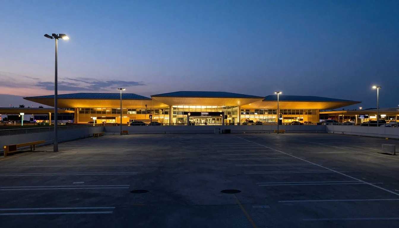 Melbourne Airport terminal car park entry lanes under evening runway lights