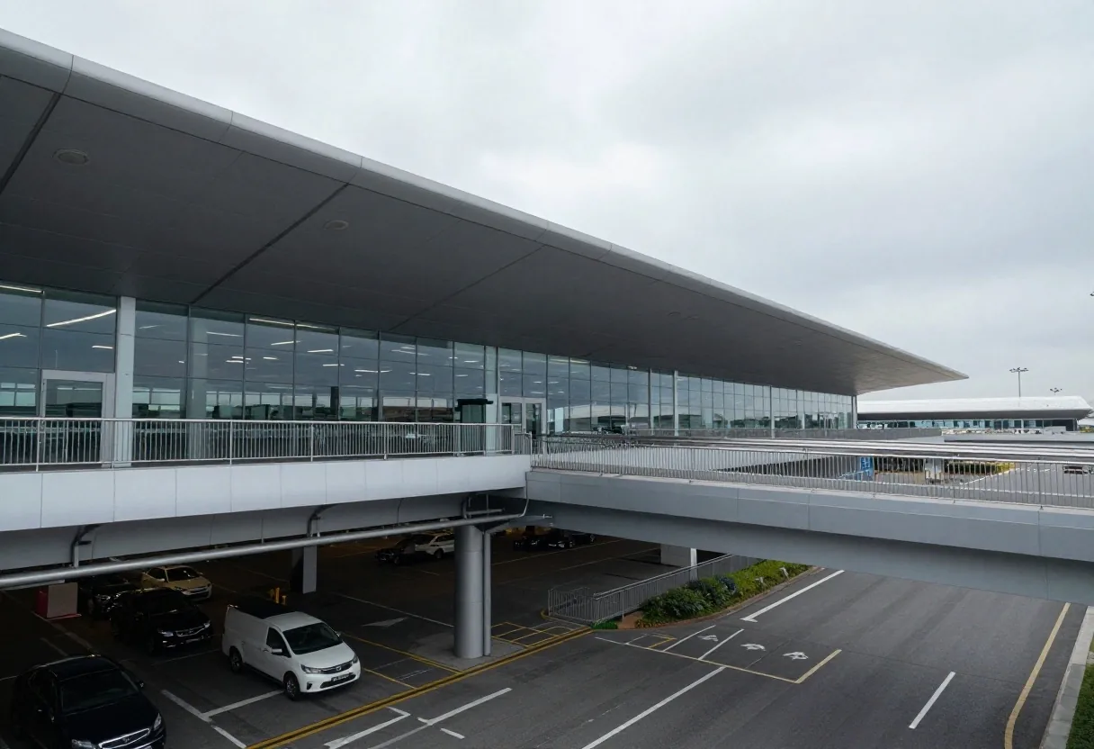 Enclosed skybridge walkway connecting Terminal 2 to the multi-level parking garage