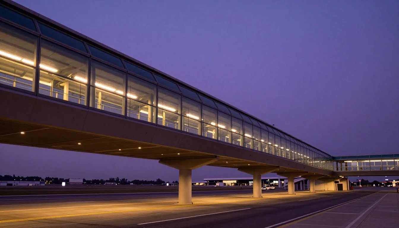 Melbourne Airport elevated terminal pedestrian skybridge at dusk