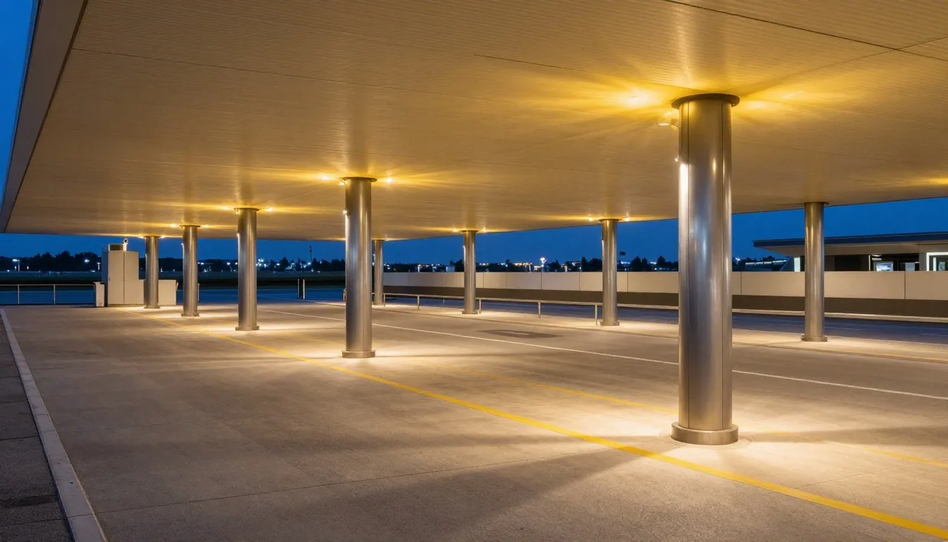Melbourne Airport terminal parking approach at dusk